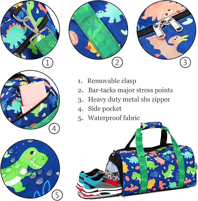 LOIDOU Duffle Bag for Boys Sport Gym Bag Kids Overnight Bag Girls Weekender Bag with Wet Pocket & Shoe Compartment (Dinosaur Navy)