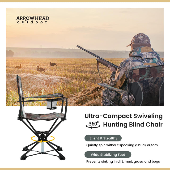 ARROWHEAD OUTDOOR 360° Degree Swivel Hunting Chair Stool Seat, Perfect for Blinds, No Sink Feet, Supports up to 450lbs, Carrying Case, Steel Frame, Fishing, High-Grade 600D Canvas, USA-Based Support
