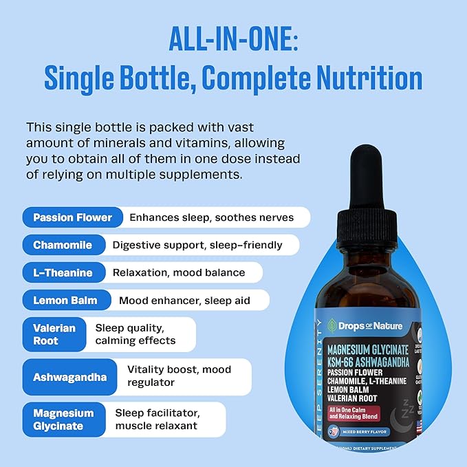 Magnesium Glycinate & Ashwagandha Liquid Drops with Valerian Root, Chamomile, Passion Flower, Lemon Balm & L-Theanine - Vegan Fast Absorption - Supplement for Wellness & Relaxation (Mixed Berry, 60mL)