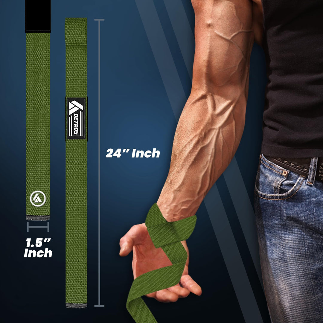 Detroy® Lifting Wrist Straps for Weightlifting, Deadlifts, Bodybuilding, Powerlifting, Gym Strength Training Workouts - Padded Neoprene with 24 inch Webbing Cotton with Silicone Grip for Men & Women (Dark Green)