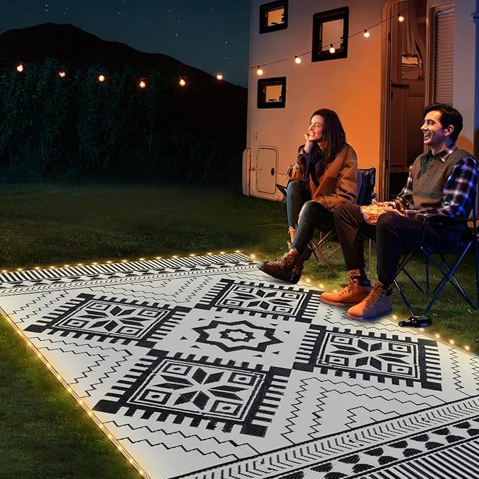 8x10ft Waterproof Outdoor Rug with LED Lights, Boho Reversible Plastic Straw Mat for Patio RV Camping Picnic Balcony Beach Deck Indoor Outdoor Carpet, Black&White