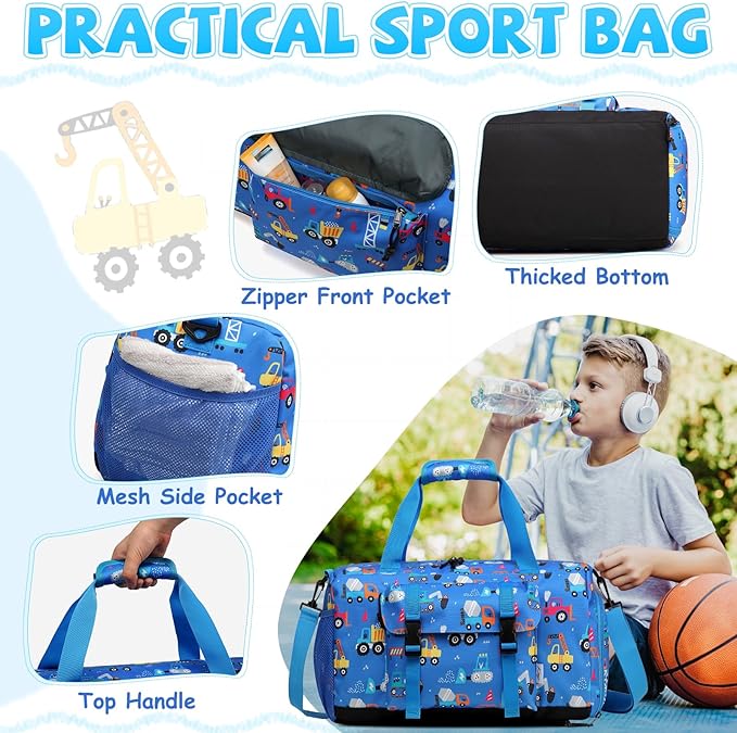 Kids Overnight Duffle Bags,Kasqo Boys Travel Bag Water Resistant Sports Gym Duffel Bag for Teens Girls Sleepover Bag Weekender Carry On Tote with Shoes Compartment Dry Wet Pocket,Blue Cars