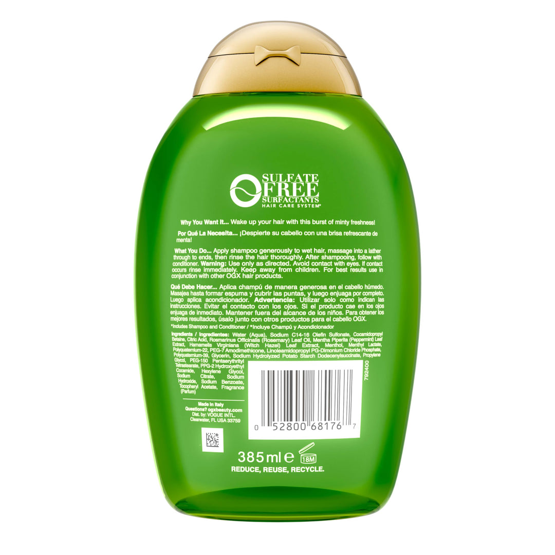 OGX Extra Strength Refreshing Scalp + Rosemary Mint Shampoo, Clarifying Wash Visibly Helps Remove Oil & Residue to Clear Away Buildup, Sulfate-Free Surfactants, 13 fl. Oz