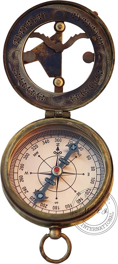 MAI Brass Sundial Compass Beautiful Gift Item with Leather Case - Sun Clock - Steampunk Accessory – Nautical Gift – Wedding Gifts for Him – Sundial Watch