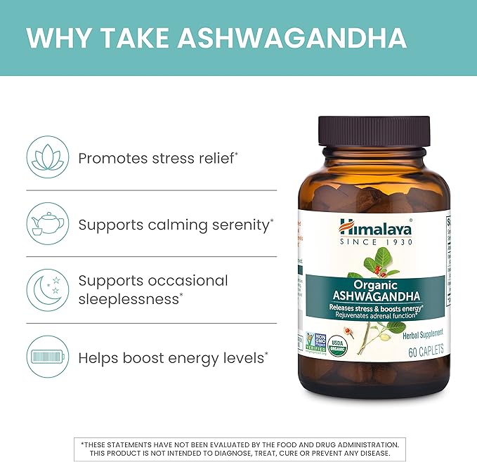 Himalaya Organic Ashwagandha, 120 Day Supply, Herbal Supplement for Stress Relief, Energy Support, Occasional Sleeplessness, USDA Organic, Non-GMO, Vegan, Gluten Free, 670 mg, 60 Caplets, 2 Pack