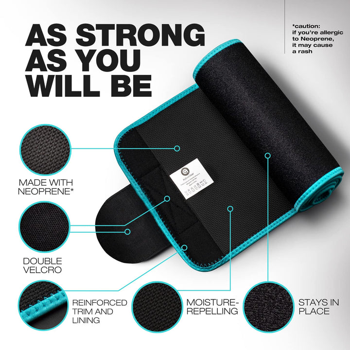 ActiveGear Waist Trainer for Women & Men - Sweat Band Waist Trimmer Belt for a Toned Look - Reinforced Trim and Extra Secure Fastening (Blue Hem, Medium: 8” x 42”)
