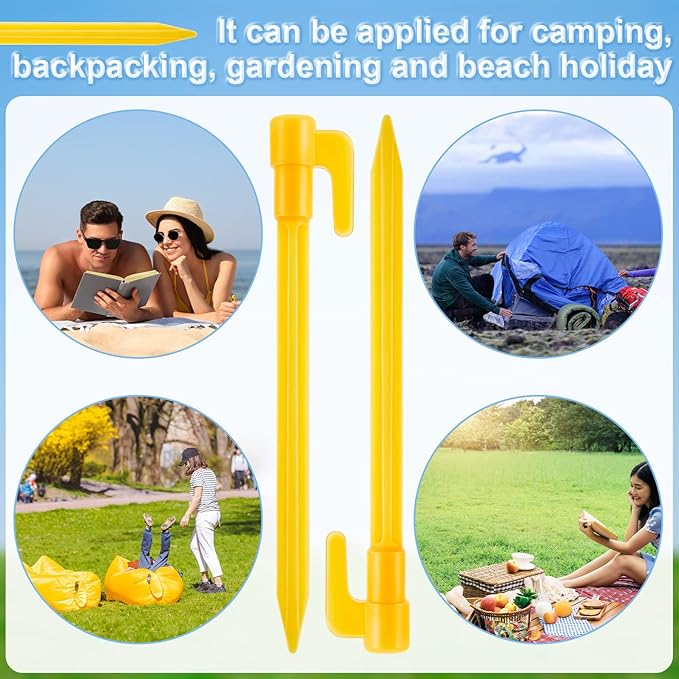 24 Pack Plastic Tent Stakes 5.7 Inch Heavy Duty Canopy Anchoring Pegs Plastic Tent Pegs Sand Stakes Outdoor Beach Spikes for Camping, Gardening, Landscaping, Backpacking(Yellow)