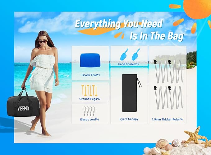 Beach Tent, Camping Sun Shelter UPF50+ with 6 Sandbags, 2 Sand Shovel, 4 Stability Poles, Outdoor Pop UP Beach Canopy for Camping Trips, Fishing, Backyard Fun, Picnics-Dark Blue