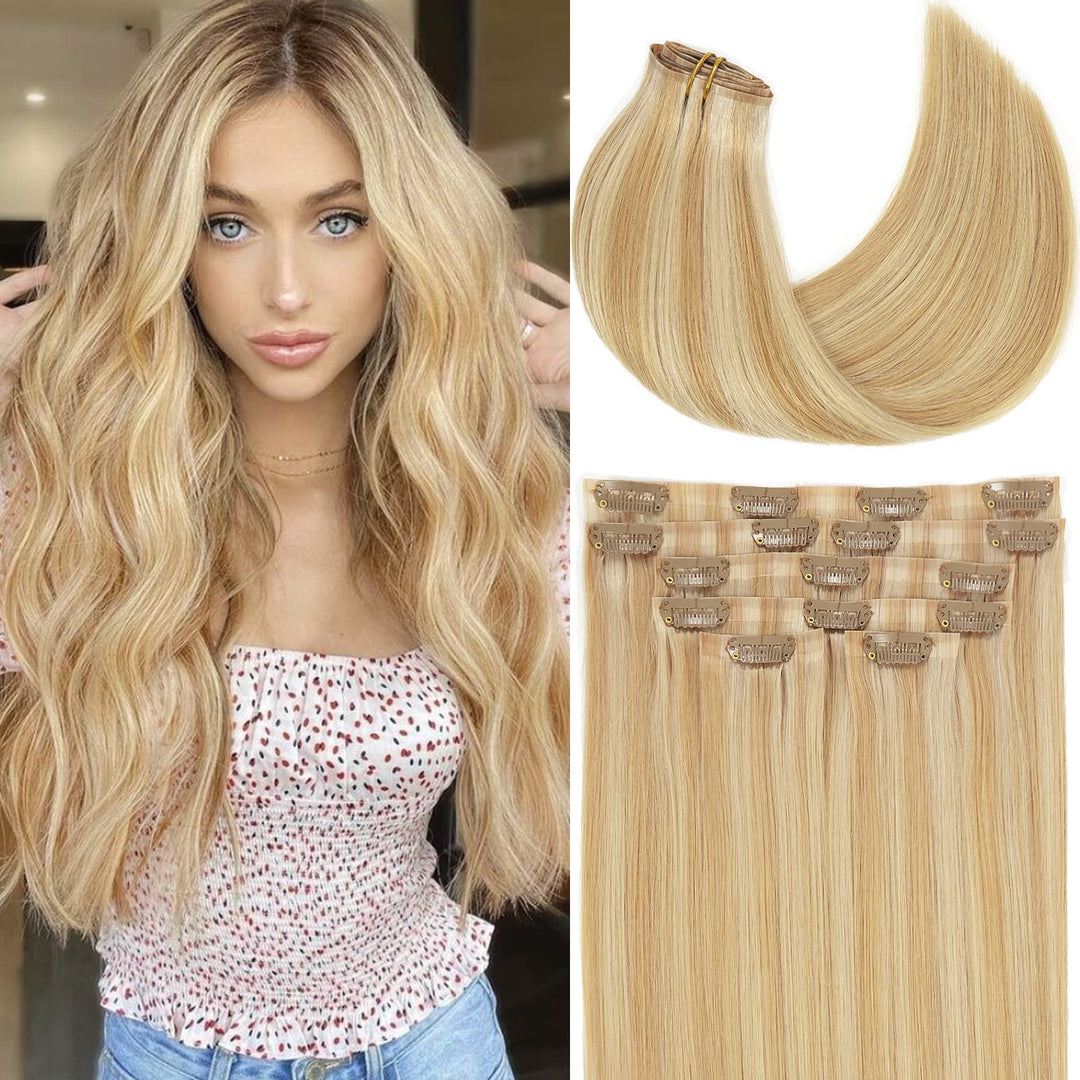 Loxxy Seamless Hair Extensions Clip In Human Hair Ultra Thin Pu Weft With Clips Piano Light Golden Brown Mixed With Platinum Blo