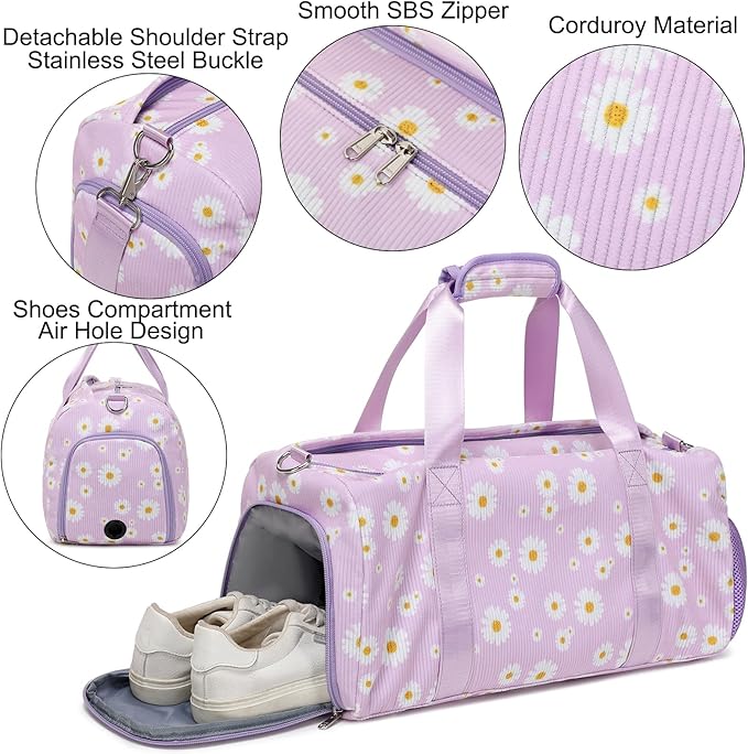 Dance Bag Ballet Bag for Girls Teen Travel Duffel Bags Sports Gym Bag Yoga Bags Cheer Bag Girls Weekender Bag Corduroy Daisy Dance Bag with Shoe Compartments（purple daisy）