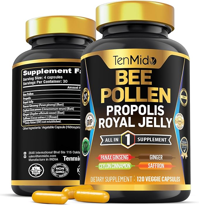 Organic Bee Pollen Supplement - 7in1 Formula - Combine with Propolis, Royal Jelly, Panax Ginseng, Ceylon Cinnamon, Ginger, and Saffron - Digestive Health, Immune Support - 120 Capsules