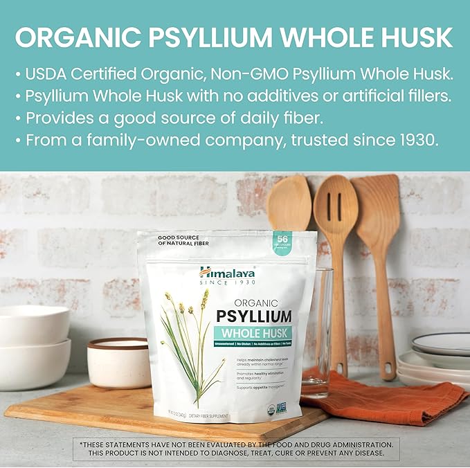 Himalaya Organic Psyllium Whole Husk, Natural Daily Fiber Supplement, Regularity, Appetite Management, USDA Certified Organic, Non-GMO, 56-Tablespoon Supply, Unflavored, 12 Oz