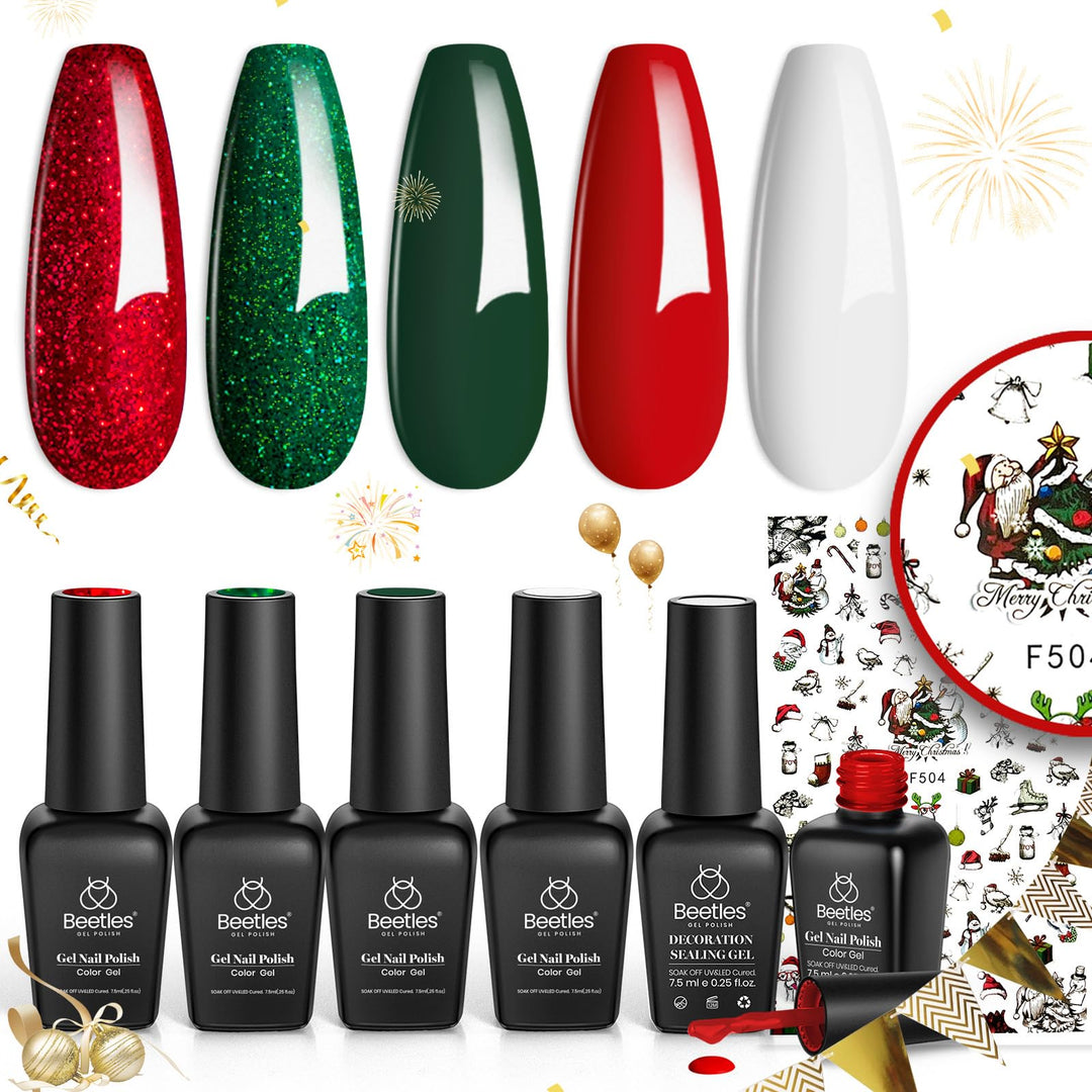 Beetles Christmas Gel Nail Polish, Sparkle Red Green Gel Polish Kit Soak Off Uv Led Gel Nail Kit Manicure Gift With Nail Strengt