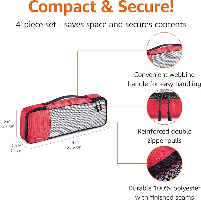 Amazon Basics Slim Packing Cubes for Travel, Packing Organizers, 4-Piece-Set With Double Zipper Pulls and Mesh Top Panel, 100% Durable Polyester, Red, 14"L x 5"W x 3"H