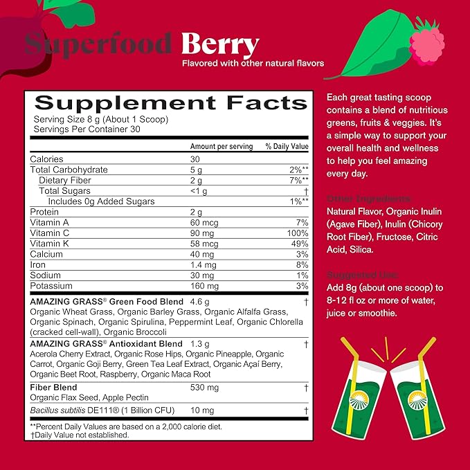 Amazing Grass Greens Superfood Powder: Greens Powder with Digestive Enzymes & Probiotics, Organic Spirulina, Chlorella, and Beet Root Powder, Berry, 30 Servings (Packaging May Vary)