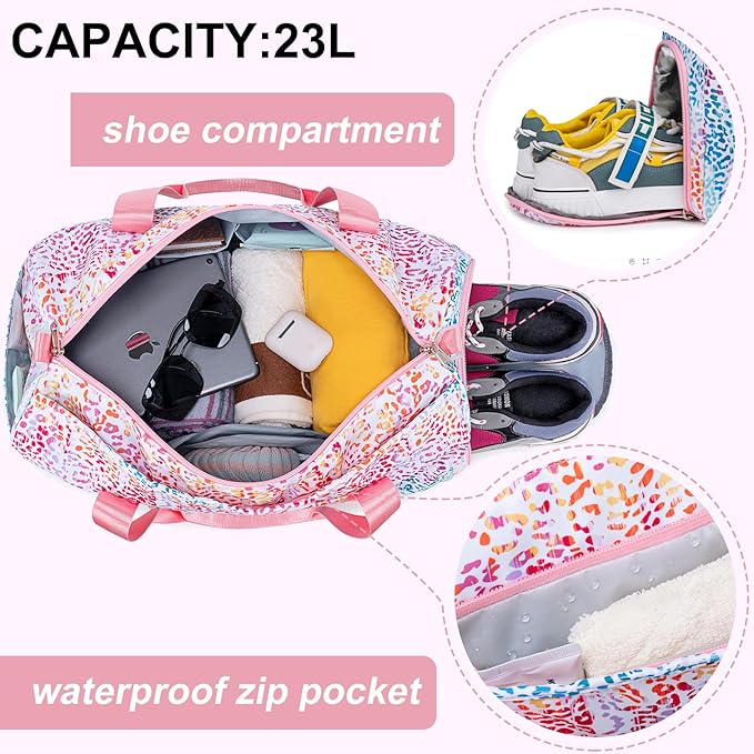 Gym Bag Sports Duffle Bag with Wet Pocket Weekender Overnight Bag with Waterproof Shoe Pouch and Air Hole for Girls Kids Women Travel Foldable Bag