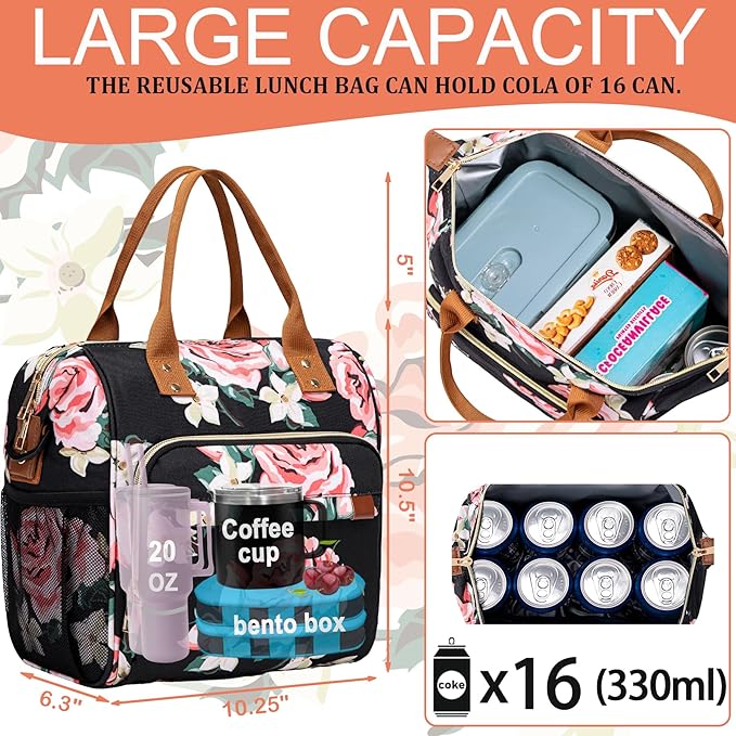 TuErCao Lunch Box for Women Adult Insulated Lunch Bag for Female Teacher Nurse Mom, Fashion Ladies Lunch Tote Bag for Work, Peony
