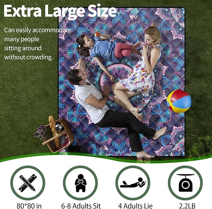 Picnic Blankets Oversized 80x80 Beach Blanket Waterproof Sandproof Foldable Large Outdoor Grass Mat Travel Camping Essentials RV Road Trip Accessories Vacation Gear Gifts for Couple Women Mom