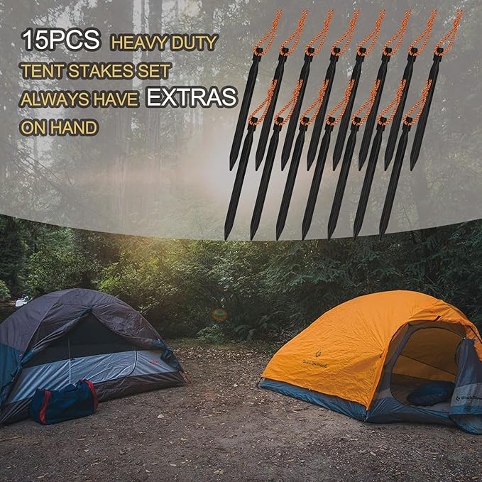 15Pack Tent Stakes, 7075 Aluminum Tent Stakes Heavy Duty, Metal Stakes with Pull Rope, Lightweight Tent Pegs for Backpacking, Durable Camping Tent Accessories, Black