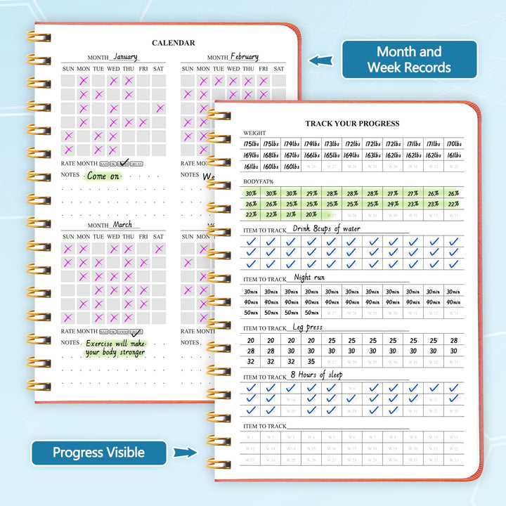 Fitness Journal-Workout Journal for Women & Men, Hard Cover Leather Fitness Planner, Workout Log Book With Gym Goals, Calendar, Progress Tracker, A5-5.7" x 8.3" - Black