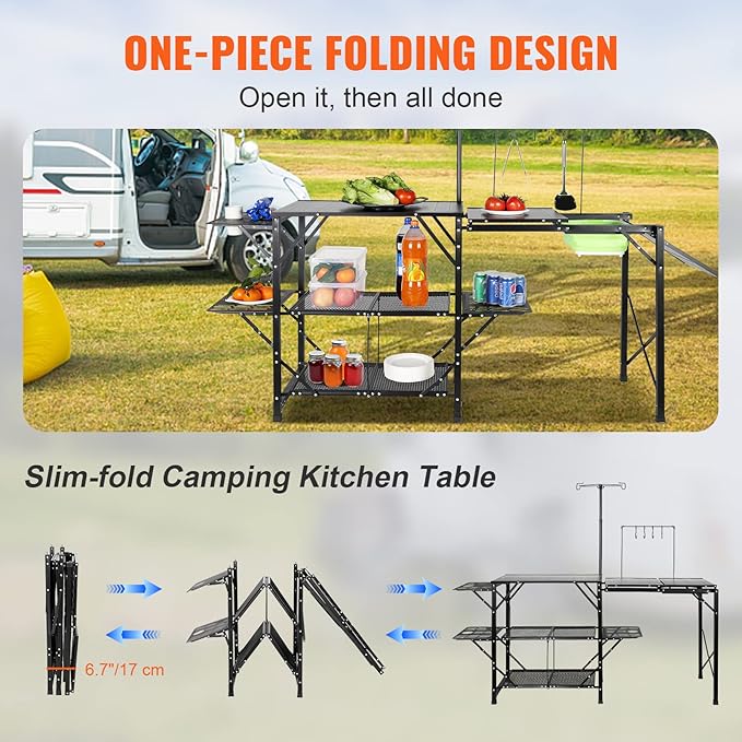 VEVOR Camping Kitchen Table with Sink, Aluminum Folding Portable Outdoor Cook Station, 2 Shelves & Carrying Bag for Picnic BBQ Beach Traveling