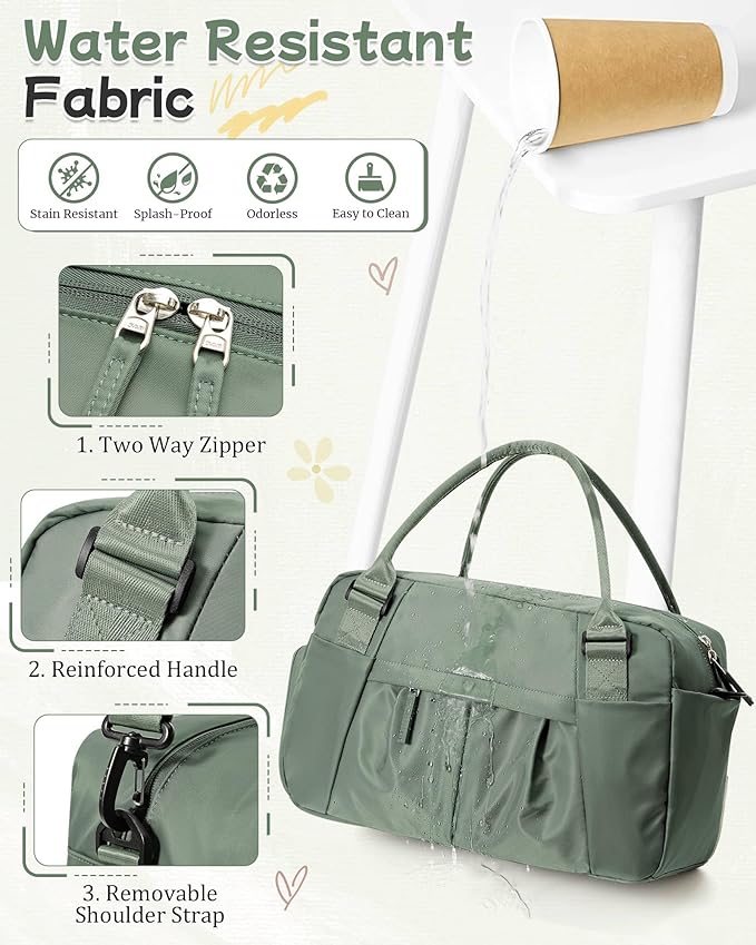 Travel Duffel Bag for Women - Small Waterproof Weekender Tote Carry on Bag with Shoe Compartment, Wet Pocket & Trolley Sleeve - Ideal for Gym, Yoga, Swim, Dance & Workout Green