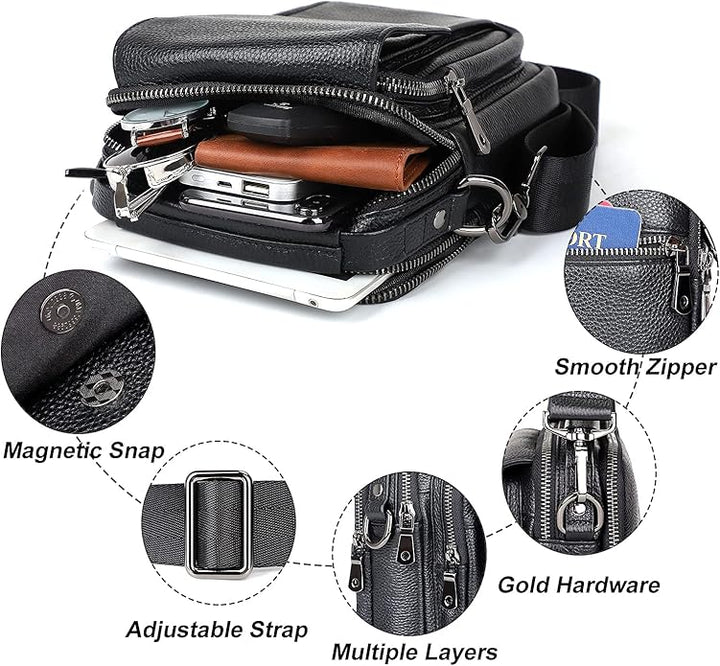 Augus Leather Small Messenger Bag For Men Crossbody Handbag Shoulder Sling Travel Bags for Men Purse Daypack Magnetic Buckle