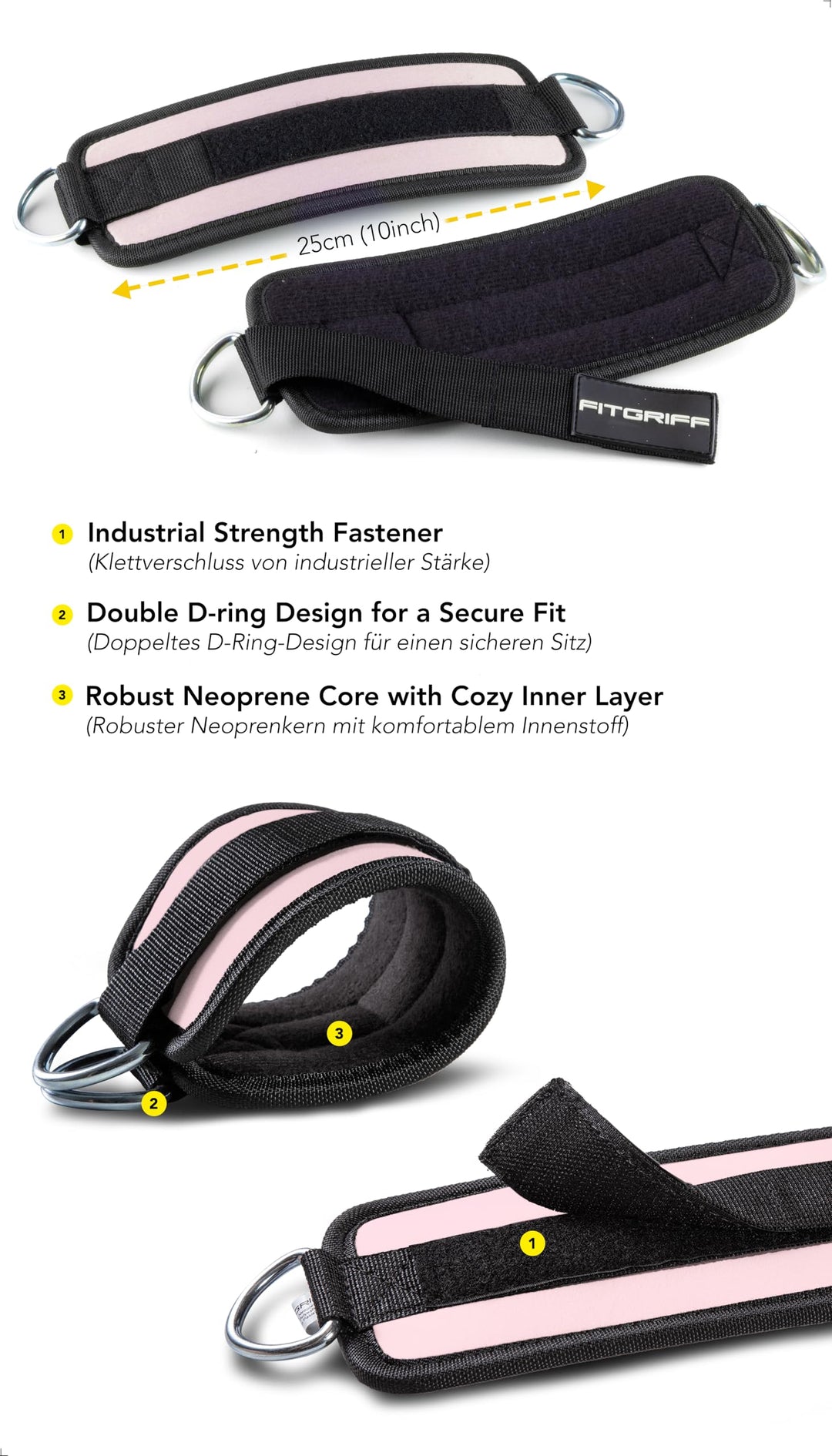 Fitgriff® Ankle Straps V1 for Cable Machine (2 Pieces) - Gym Workout Equipment - Leg Pulley Attachment, Kickback Straps (Blush Pink)