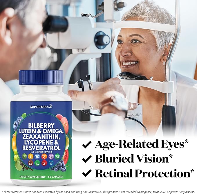 Superfood MD Eye Health Vitamins with Bilberry Lutein & Zeaxanthin Lycopene Resveratrol Grape Seed Extract Astaxanthin - AREDS 2 - Eye Vitamin - 180 Capsules