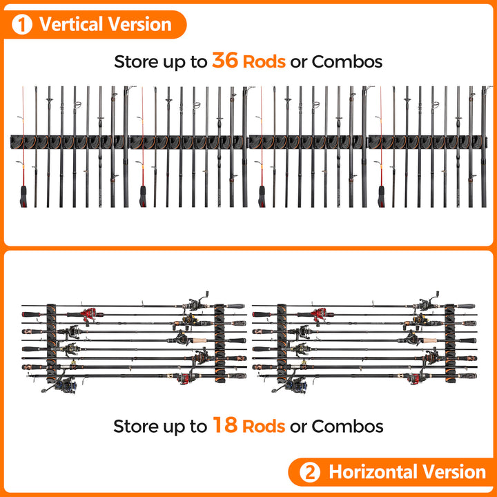 PLUSINNO V9 Vertical Fishing Rod Holders, 4 Packs Wall Mounted Fishing Pole Holders, Fishing Rod Racks Hold Up to 36 Rods or Combos, Fishing Rod Holders for Garage, Fits Most Rods of Diameter 3-19mm