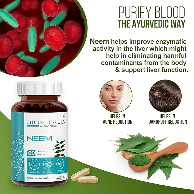 Biovitalia Plant Based Neem 1000mg Capsule for Men & Women | Dietary Supplement | Support Healthy & Promote Detoxification - 60 Vegan Capsules
