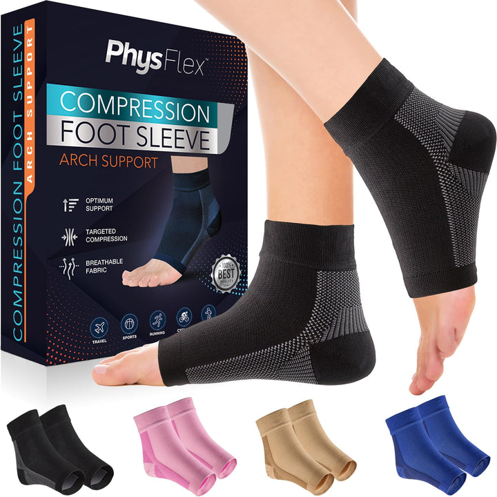PhysFlex Compression Socks for Plantar Fasciitis, Achilles Tendonitis Relief - (1 Pair) Ankle Compression Sleeve for Heel Spurs, Foot Swelling & Fatigue - Arch Support Brace for Everyday Use