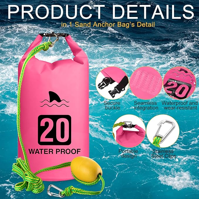 2 Set 20L Sand Anchor Heavy Duty Buoy Kit 2 in 1 Kayak Anchor Floating Waterproof Dry Bag with High Visibility Float Rope for Lake Beach Boat Hiking Camping Water Sports Surfing Kayaking(Rose Red)
