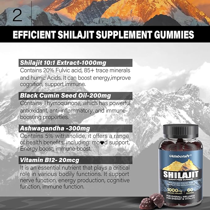 Sugar Free Shilajit Gummies 1000mg – Pure Shilajit Supplement for Men & Women – 85+ Trace Minerals & Fulvic Acid with Ashwagandha- Energy, Brain, Immunity –Mixed Berry Flavor,120 Gummies