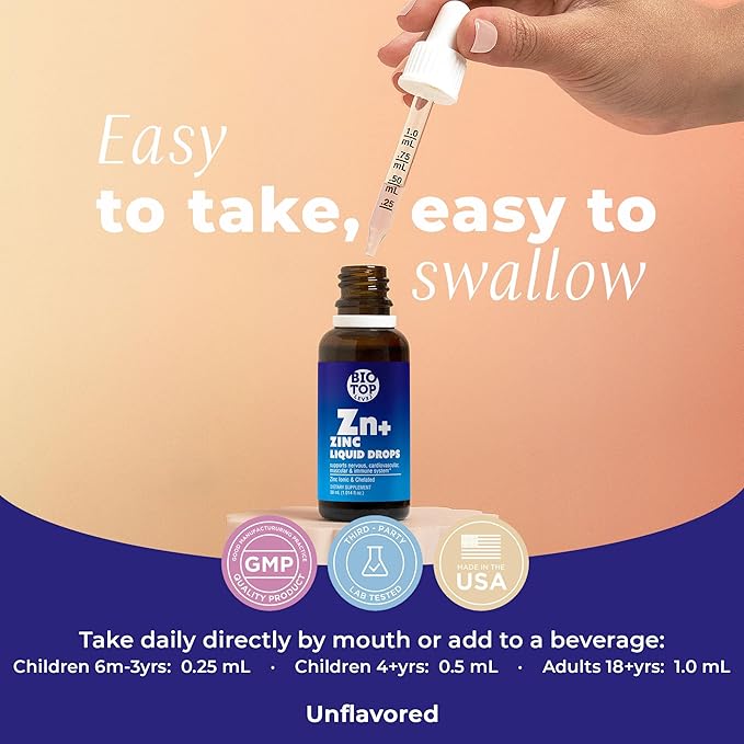Liquid Zinc Supplement. Immune Support & Skin Care. Ionic & Chelated Zinc for Kids & Adults. 30 Day Supply, Vegan, Organic Glycerin Based, Unflavored