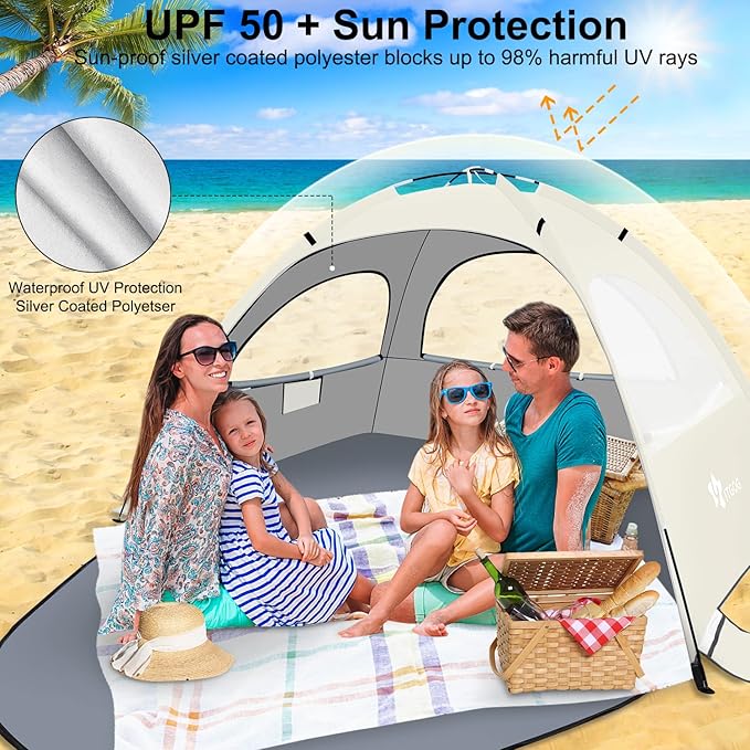 Beach Tent Sun Shelter for 3-4Person, Lightweight Beach Tent with UV Protection, 3 Mesh Roll Up Windows & 8.0mm Fiberglass, Easy Assemble