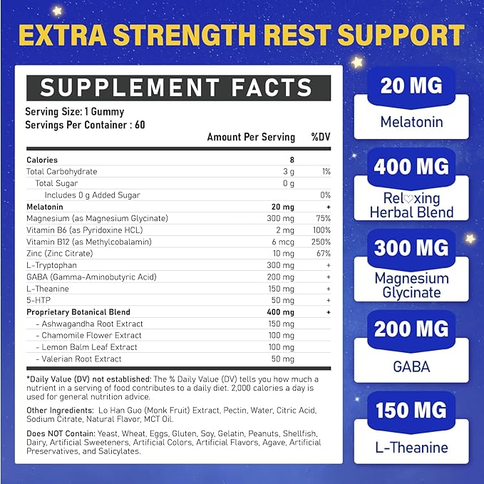 Melatonin 20mg Gummies for Adults - Max Strength Melatonin Gummy Supplement with Magnesium Glycinate, B6, B12, L-Theanine, GABA, 5-HTP & Herbs - Non-Habit Forming, Vegan, Natural Mixed Berry Flavor