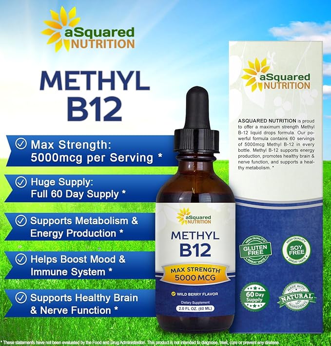 aSquared Nutrition Vitamin B12 Sublingual Liquid Drops - 5000 MCG Supplement with Methylcobalamin (Methyl B-12) - Max Absorption B 12 to Increase Energy - Vegan Friendly - 2 fl oz