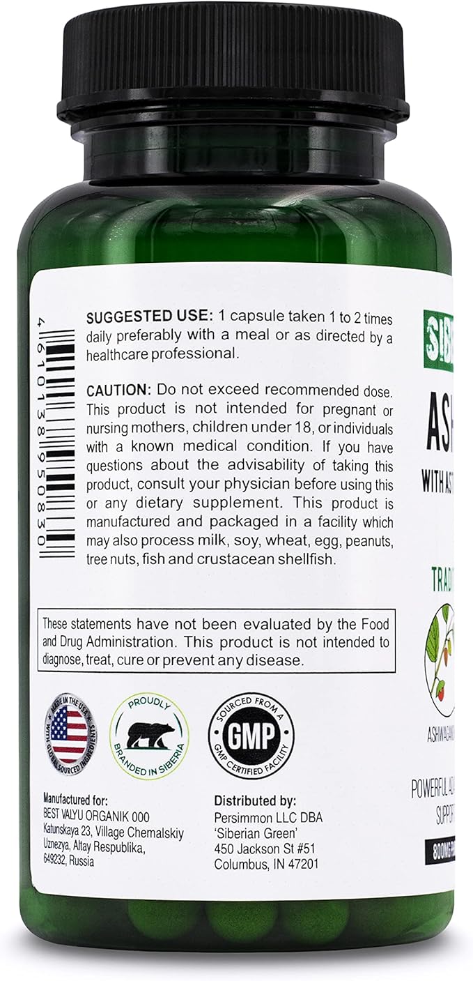 Organic Ashwagandha Root with Astragalus & Siberian Eleuthero Ginseng Complex 60 Capsules Powerful Herbal Support