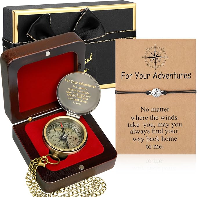 Compass Gift Set Engraved Compass with Chain Souvenir Present Bracelet with Greeting Card Walnut Wooden Box Gift Box for Women Men Friends Party Souvenir Favors