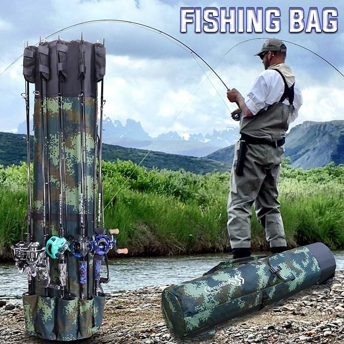 Sougayilang Folding Fishing Rod Case Organizer Pole Storage Bag Rod Reel Tackle Carrier Fishing Rod Bag Fishing Case