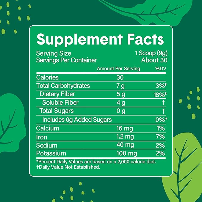 Bellway Super Fiber + Greens Powder, Sugar-Free Psyllium Husk Fiber Supplement Powder with Super Greens (30 Servings)