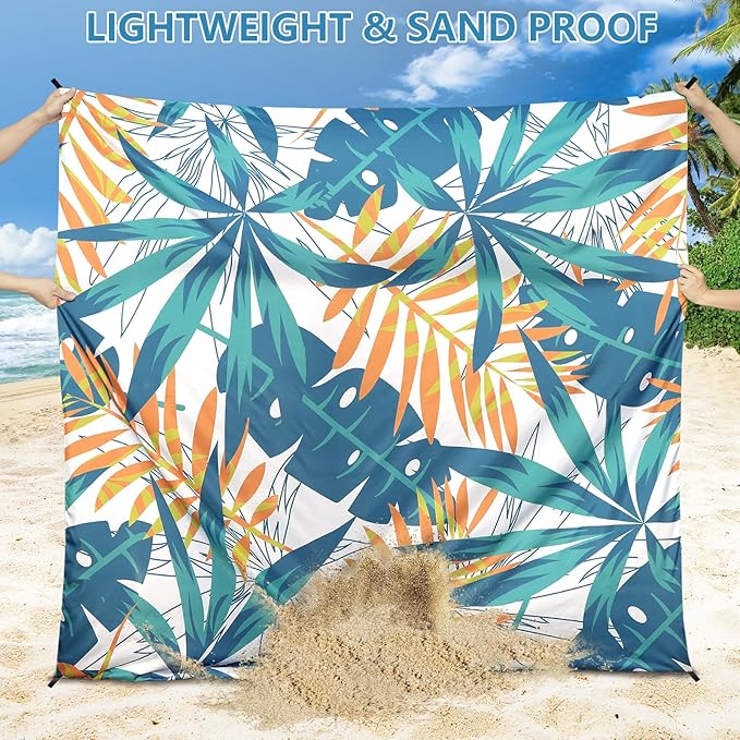 Beach Blanket Waterproof Sandproof Beach Mat 79”x 83” for 1-4 Adults Quick Drying Durable Outdoor Picnic Mat for Beach Festival Travel Camping Hiking (W&GN&Y-Palm, 79"×83"(4 Person))