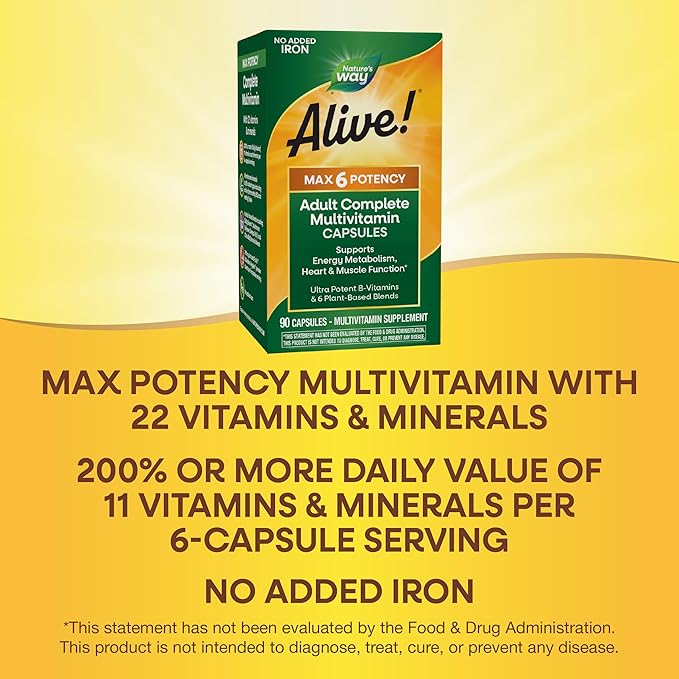 Nature's Way Alive! Max6 Potency Adult Complete Multivitamin, Vitamins A,C, E & B-Vitamins Including Methyl B12 & Folate, Supports Energy Metabolism*, No Added Iron, 90 Capsules (Packaging May Vary)