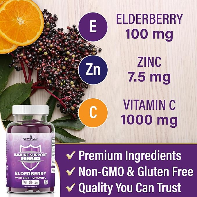 NEW AGE Immune System Support Gummies - Sambucus Black Elderberry Gummies with Vitamin C and Zinc (Immune Support 120 Gummies)