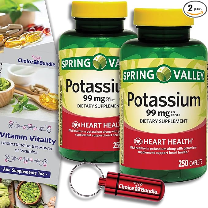 Spring Valley Potassium Heart Health Dietary Supplement Caplets 99 mg 250 CT 2 pk (500 Total) + “Vitamin Vitality” Guide & Keychain Pill Container (4 Items)!