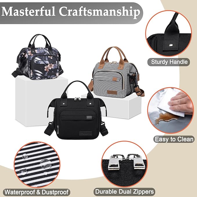 TuErCao Small Lunch Bag Lightweight Insulated Lunch Box for Women Work Portable Soft Cooler for Picnic Travel Road Trips, Loncheras para Mujer, Black