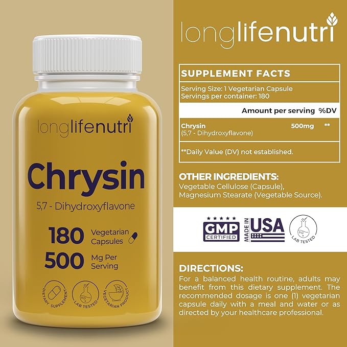 Chrysin 500mg – 180 Vegetarian Capsules, from Passion Flower, 5, 7-Dihydroxyflavone, Natural Antioxidant for Overall Wellness, 6-Month Supply, GMP Certified, Made in USA