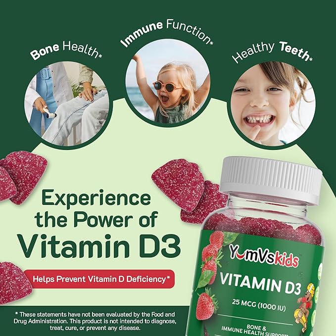 YUM-V's Chewable Vitamin D Gummies for Kids - Vitamin D 1000 IU - Vitamin D3 Gummies - Kids Vit D3 Dietary Supplements - Children's Vitamin D3 1000IU - Bone Health & Immune Support (60 Count)