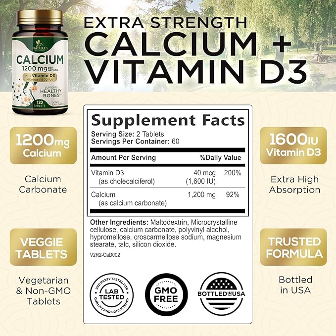 Calcium 1200 mg with Vitamin D3, Calcium Supplement Vitamins, Supports Bone Strength, Teeth & Immune System, Calcium Supplements for Women & Men, Nature's Absorbable Calcium Carbonate - 120 Tablets